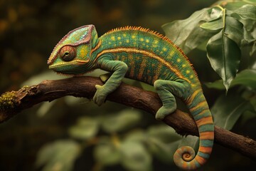 Fototapeta premium Close-up of a veiled chameleon calmly resting on a branch, showcasing its vibrant green and yellow skin and curled tail