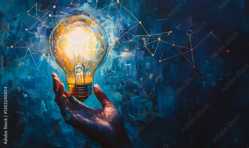 Poster illuminating innovation: a hand cradles a glowing light bulb, symbolizing a spark of creative insigh
