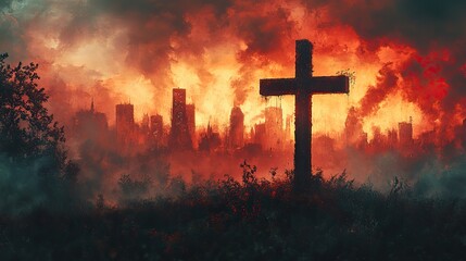 cross of jesus christ on the background of the city mixed media