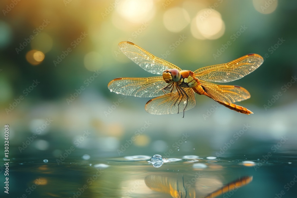 Poster golden dragonfly hovering over water with light reflecting on its wings, creating a magical and sere