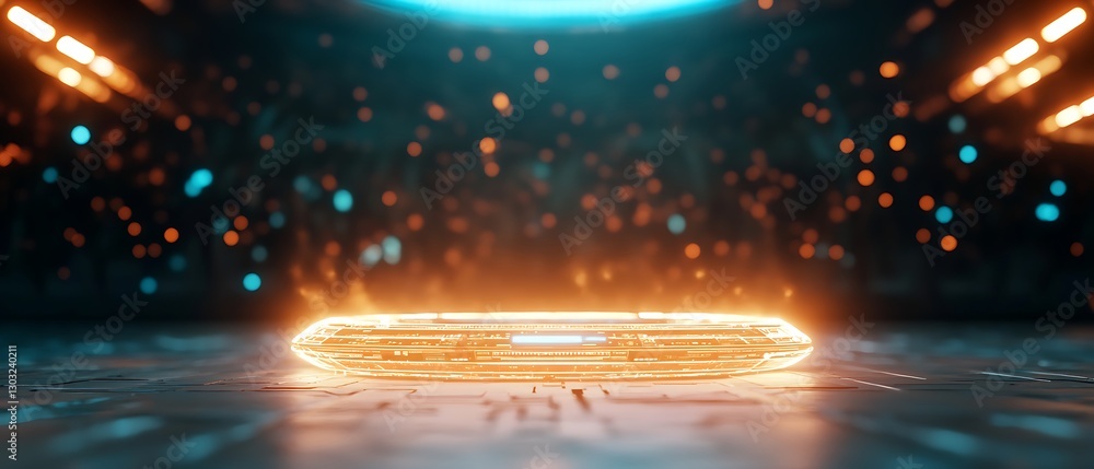Poster futuristic glowing orange platform with abstract light patterns and vibrant bokeh effect in dark env