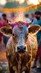 Holi Festival of Colours Animal Concept, Holi festival Cow, colourful powder explosion, Holi festival flowers, cinematic lighting, Indian Hinduism festival, vibrant Holi festive colours