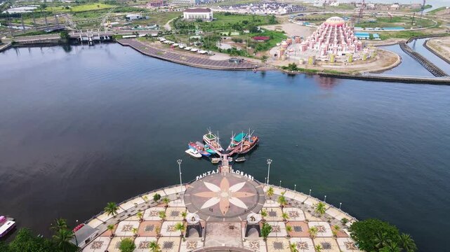 Aerial Drone 99 Domes and Losari Beach in Makassar, Indonesia