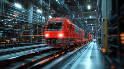 Fototapeta premium Red digital train model moving through futuristic warehouse.