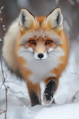 Obraz premium Wild red fox walking through a snowy forest in winter