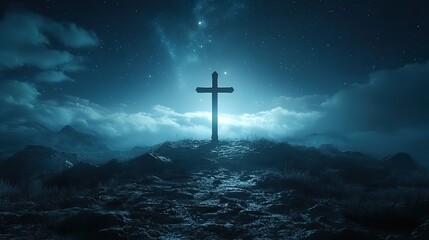 Naklejka premium cross on the mountain at night 3d rendering