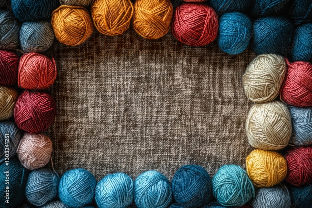 Poster vibrant yarn balls arranged on a canvas backdrop, creating a colorful frame perfect for knitting or 