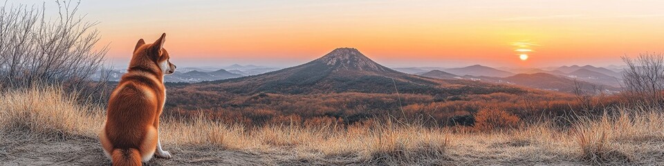 Majestic Sunrise by Mountain with Dog on Grass Hill - Captivating Landscape and Pet Photography for Nature Enthusiasts and Travel Inspiration