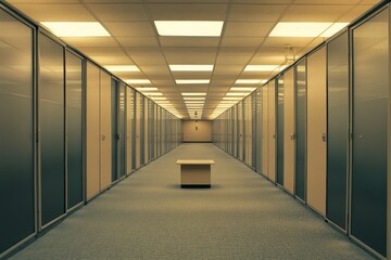 Fototapeta premium long narrow office hallway with rows of cubicles on both sides and low ceilings. The walls feature light gray panels with beige accents