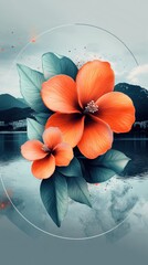 Vibrant Orange Hibiscus Flowers with Green Leaves Over Serene Lake and Majestic Mountains Landscape in Artistic Circular Design for Tranquil Nature Decoration