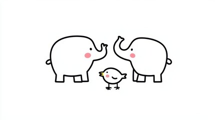 Cute elephants and bird family, heartwarming scene, perfect for children's book illustrations, or social media