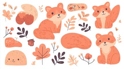 Cute cartoon foxes and autumn elements. Possible use Children's book illustration, print design, or sticker sheet