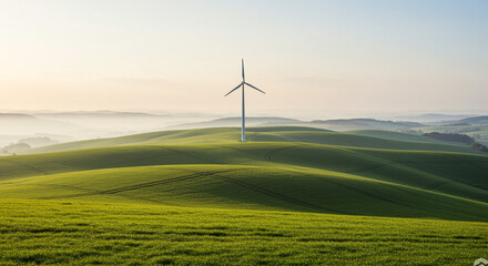 Obraz premium Scenic landscape with a single wind turbine in rolling hills