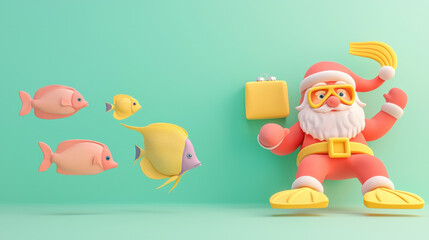 Naklejka premium Christmas in July Santa. Playful Santa with fish on a vibrant background.