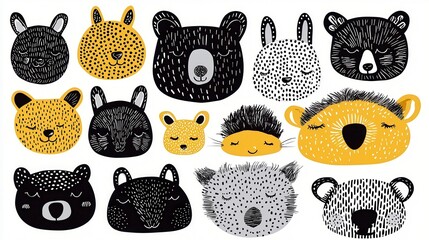 Cute animal heads, graphic design, children's art, whimsical illustration, for print or web use
