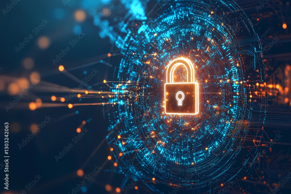 Poster cybersecurity lock: a digital representation of cybersecurity, a glowing padlock is at the core of a