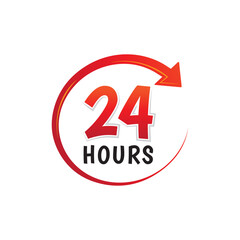 24 Hours Service 24/7 available logotype symbol vector illustration typography 24 hr service with circle arrow showing 24 hr clock time isolated
