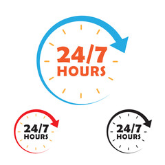 Obraz premium 24 Hours Service 24/7 available logotype symbol vector illustration typography 24 hr service with circle arrow showing 24 hr clock time isolated
