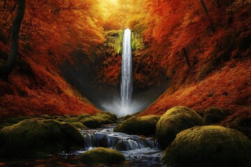 A narrow waterfall spills over moss-covered rocks amid a fiery autumn forest, serene and secluded.