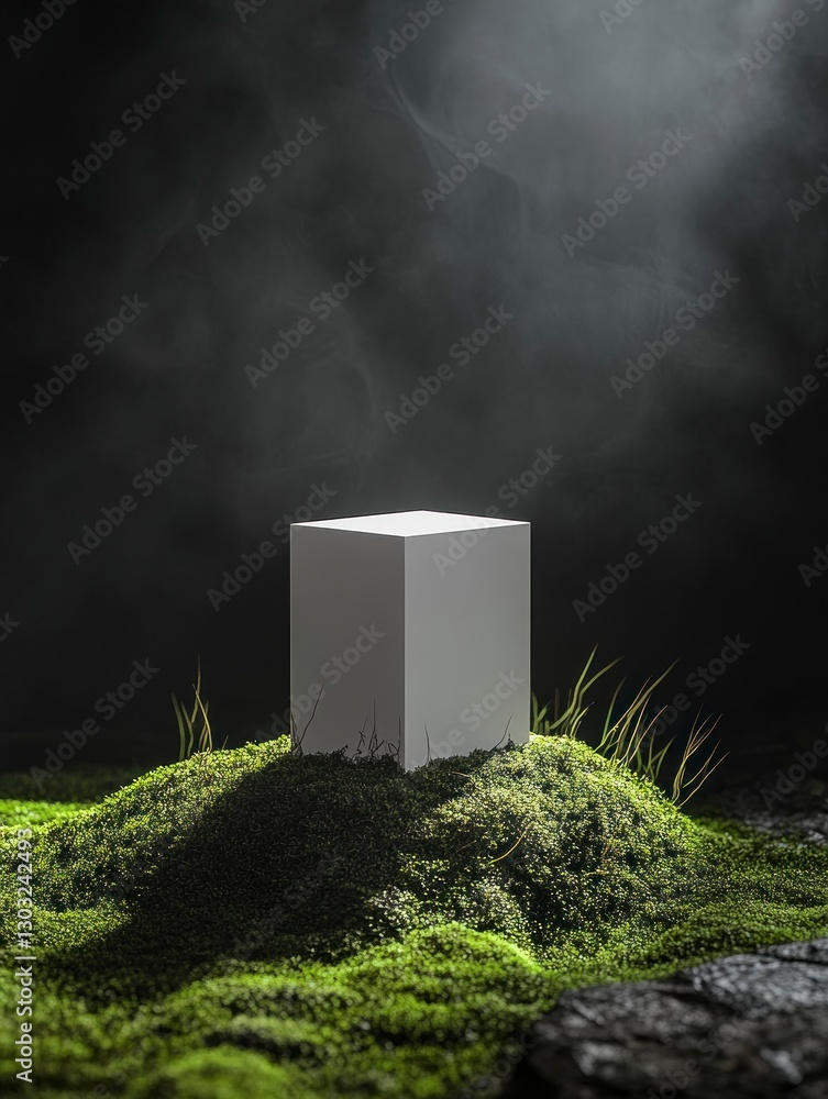Fototapete minimalistic black background with moss and grass on the ground, featuring an empty white cube as a 