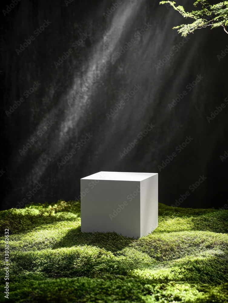 Fototapete minimalistic black background with moss and grass on the ground, featuring an empty white cube as a 