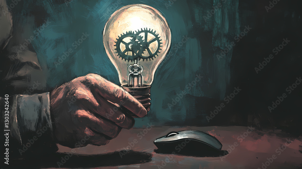 Poster illuminating ideas: a thought-provoking depiction of an idea sparking innovation. the scene features
