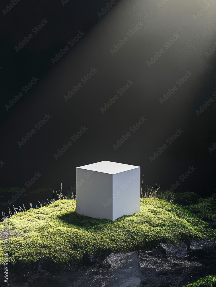Fototapete minimalistic black background with moss and grass on the ground, featuring an empty white cube as a 