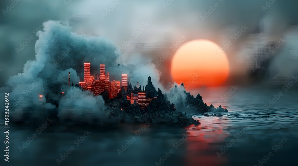 Poster sweeping panoramic view of a futuristic digital landscape with glowing neon data streams intricate c
