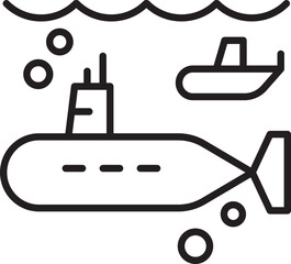 Submarine and boat in underwater scene line icon