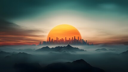 Sweeping panoramic view of a futuristic digital landscape with glowing neon data streams binary code and intricate cyberpunk inspired architecture set against a serene sunset backdrop