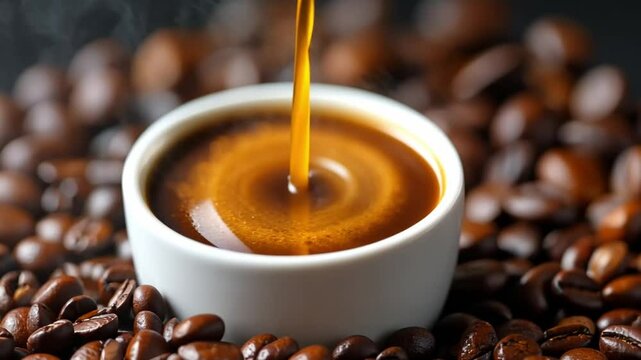 Coffee Pour: A captivating close-up captures the moment of a coffee pour, cascading into a pristine white cup, surrounded by a bed of rich, roasted coffee beans.