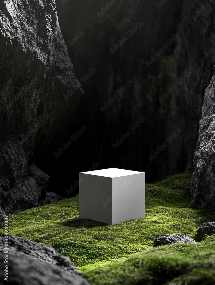 Fototapete minimalistic black background with moss and grass on the ground, featuring an empty white cube as a 