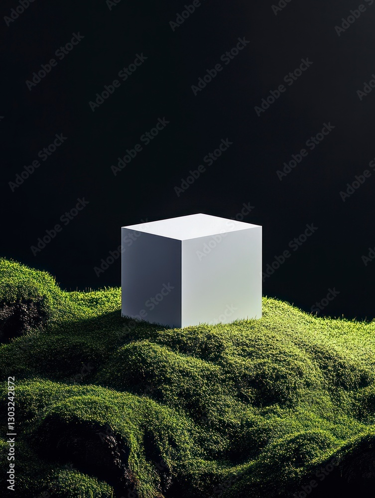 Fototapete minimalistic black background with moss and grass on the ground, featuring an empty white cube as a 