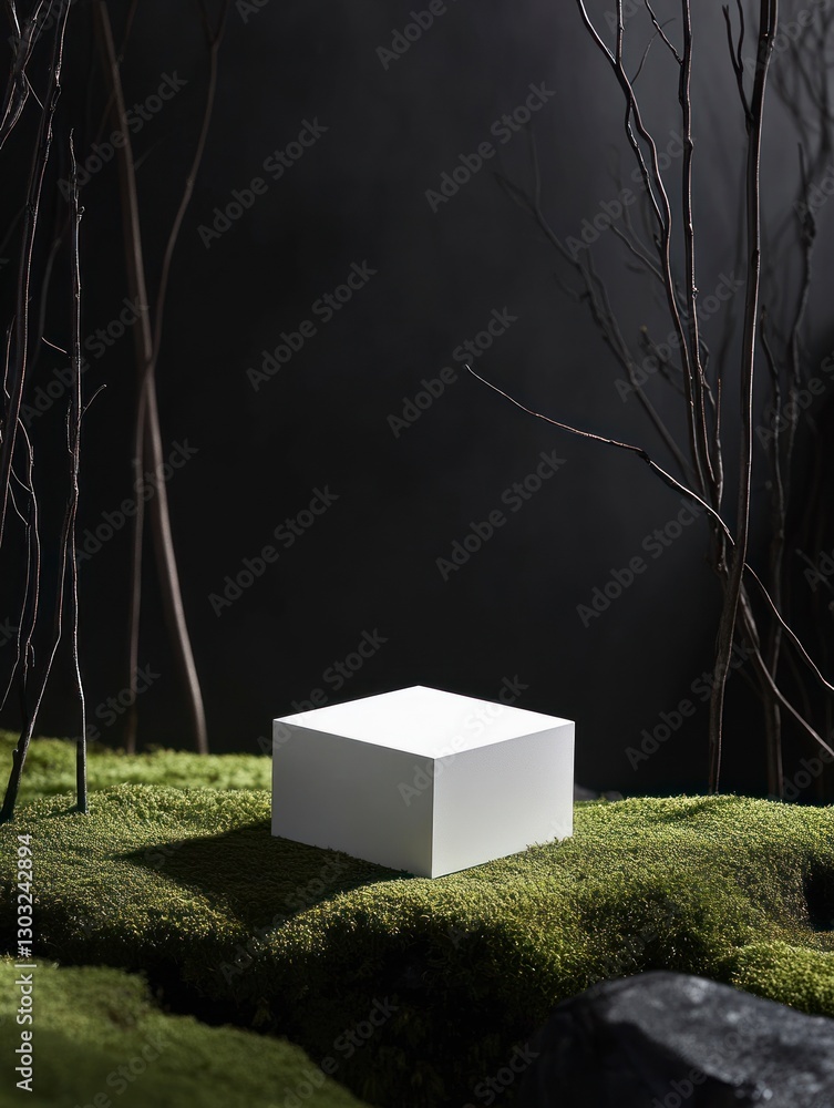 Fototapete minimalistic black background with moss and grass on the ground, featuring an empty white cube as a 