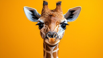 Cute giraffe portrait, yellow background, animal wildlife