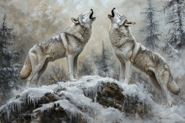 Eastern Timber Wolves Serenading the Moon: A Captivating Portrait of Wildlife on a Frosty Night