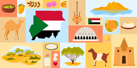 Obraz premium This captivating image showcases cultural symbols of Sudan, including traditional foods, unique wildlife, and important landmarks, all beautifully illustrated in a vibrant vector style