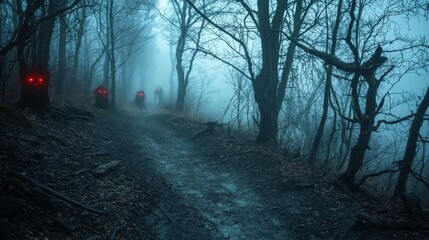 Obraz premium Silhouetted figures with glowing red eyes appear in a foggy forest during twilight. The dark, winding path is surrounded by barren trees, enhancing the unsettling mood