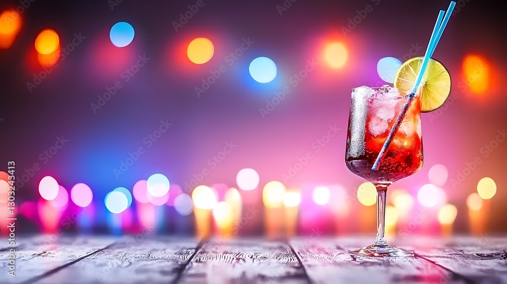 Poster refreshing cocktail on wooden table with colorful bokeh lights in the background for festive occasio
