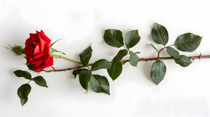 A vibrant red rose with a long stem and green leaves, symbolizing love, beauty, and romance.