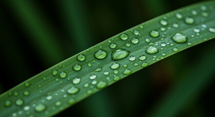 Close-up of a fresh green leaf with morning dew droplets
