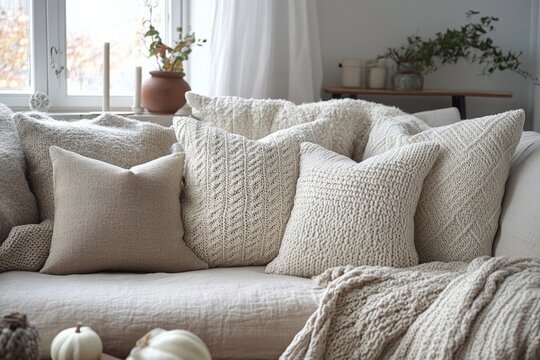 Warm, knitted cushions and blankets create a cozy and inviting atmosphere on a comfortable sofa in a stylish living room
