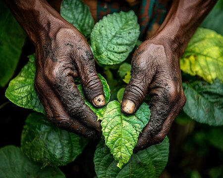 Close up of hunter gatherer hands gathering herbs dirt on their fingers amidst lush green plants