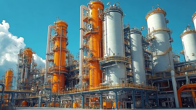 Industrial Powerhouse: A sprawling industrial complex of towering silos and intricate pipework against a vibrant blue sky