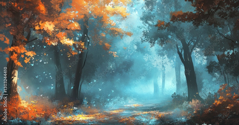 Aufkleber mystical forest with tall trees and fog, illuminated by the soft glow of sunlight filtering through 