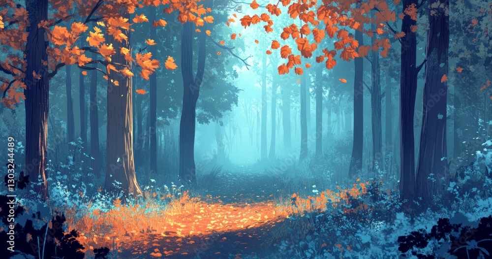 Aufkleber mystical forest with tall trees and fog, illuminated by the soft glow of sunlight filtering through 