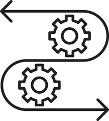 Gears in a dynamic, curved arrangement line icon