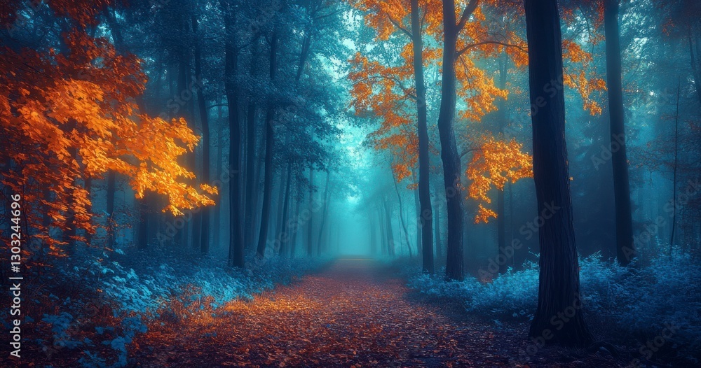 Poster mystical forest with tall trees and fog, illuminated by the soft glow of sunlight filtering through 