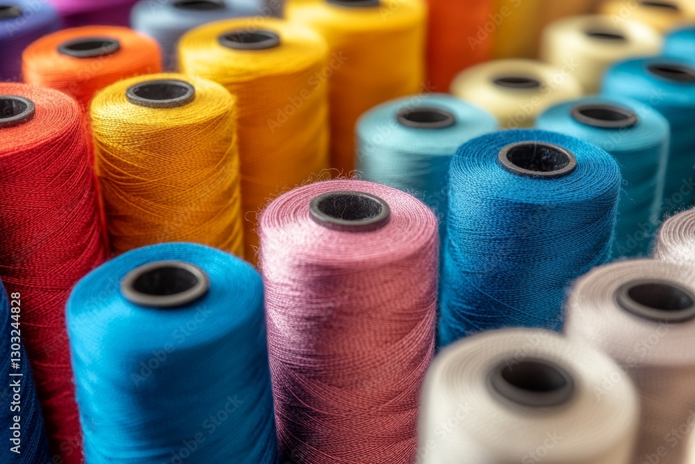 Poster spools of colorful thread stand ready for a new project, offering a wide range of hues for any creat