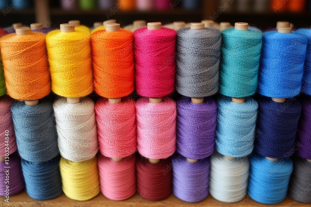 Poster colorful spools of thread are neatly arranged on a wooden shelf, showcasing a vibrant array of hues 